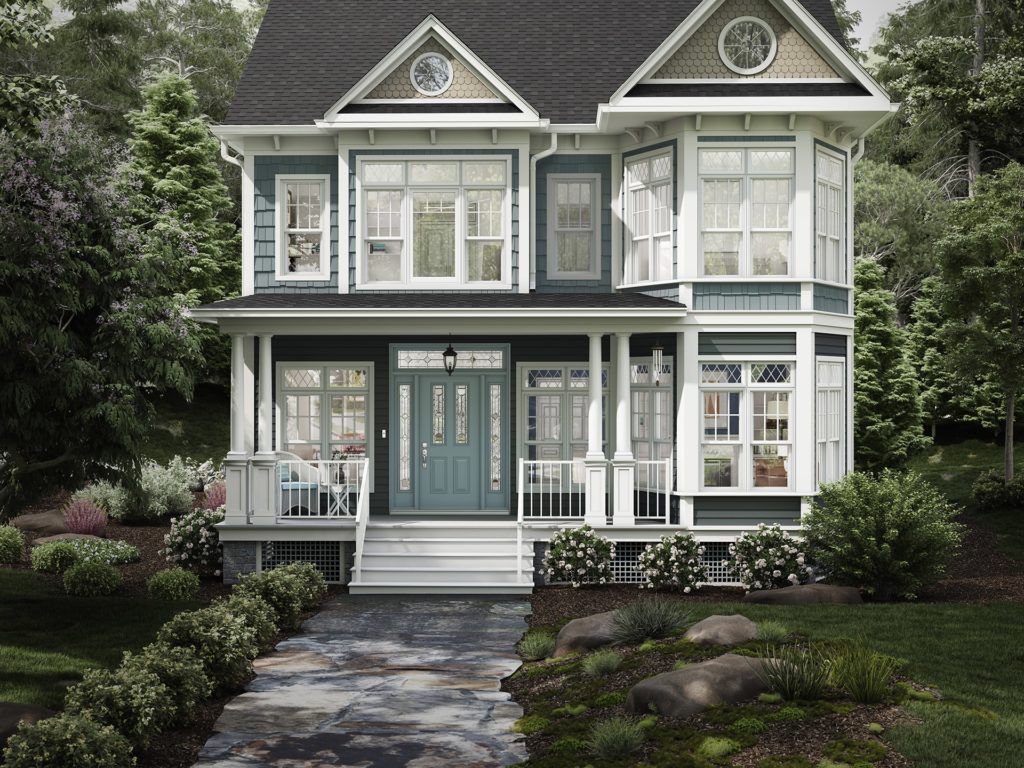 Front view of colonial style home with custom windows and scalloped shingles